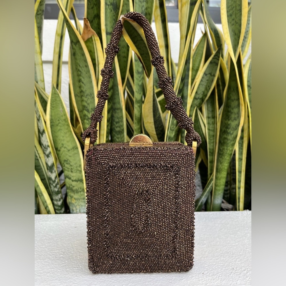 N. E. Product Art Deco Box Bronze Beaded Purse Bag Twist Strap Gold Vintage 40s